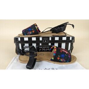 Loly in the sky Luciana Sandals Womens 8 Black Tie Up Strap Pom Pom Shoes NWB